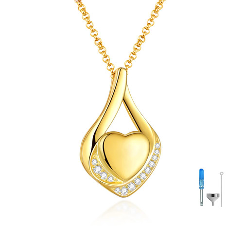Cremation Jewelry 925 Sterling Silver Teardrop Urn Necklace for Ashes Heart Shape Memorial Keepsake Pendant for Human Ashes for Women Gift (GOLD)