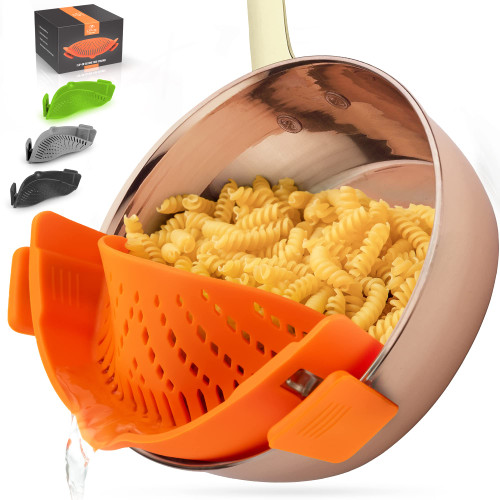 Zulay Silicone Pot Strainer - Adjustable Snap On Strainer For Most Pans & Pots - Food Grade, Heat Resistant, Colander For Draining Pasta, Fruits & Vegetables (Orange)