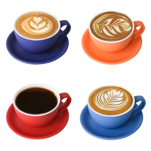 Yundu Ceramics Latte Cup and Saucer - 10 oz for Cappuccino,Tea,Cafe Mocha, Set of 4,Matte Mixed Color