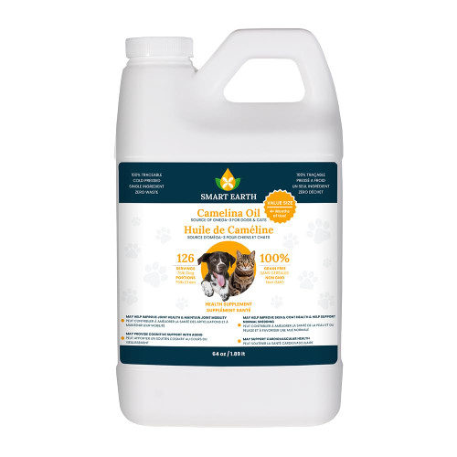 Smart Earth Camelina Oil for Dogs - Omega 3, 6, 9 Supplement for Healthy Skin, Shiny Coat & Flexible Joints - Dog Joint Supplement - Natural Canine Wellness - Omega 3 for Dogs (Pump Included - 64oz)