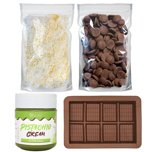 Dubai Chocolate Bar DIY Kit – Includes Mold, 12.3 oz Melting Wafers, 3.5 oz Kataifi, 7 oz Pistachio Spread – Gift Kit for Choco Lovers and Christmas, Make Your Own Gourmet Pistachio Chocolate at Home