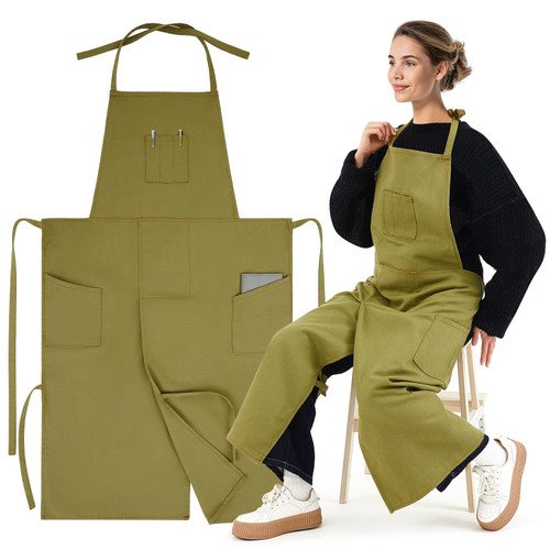 Cotwinter Pottery Apron Split Leg, Full Coverage Polyester Canvas Ceramics Aprons, with Large Pockets, Cross Back, Adjustable for Women and Men, Crafts, Mechanic, Painting, Clay, Green