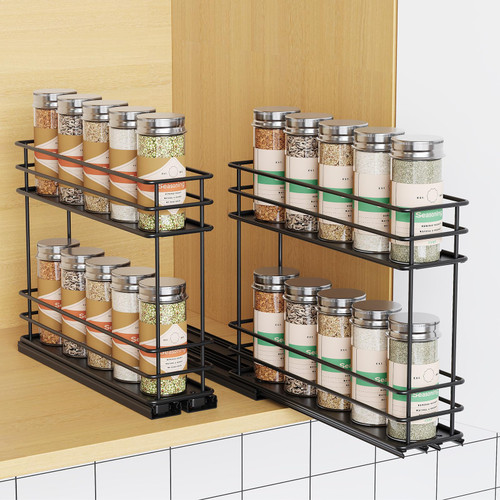 Mystozer Pull Out Spice Rack Organizer for Cabinet, Slide Out Spice Racks, Easy to Install Spice Cabinet Organizers, 5.2" Wx10.43 Dx8.26 H, 2 Packs 2 Tiers(Black)