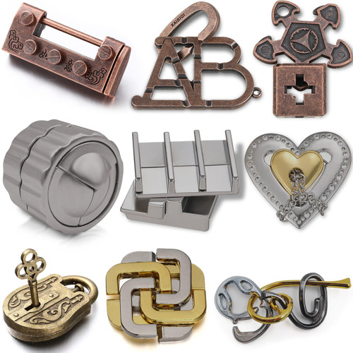 Wettarn 9 Pcs Metal Brain Teaser Puzzles Teaser 3D Steel Puzzle for Adults Unlock Interlocking Games IQ Education Smart Logic Test Toys for Adults Mind Challenge(Novelty Style)
