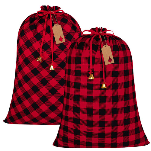 Aneco 2 Packs 37 x 27 Inches Buffalo Plaid Drawstring Bag Jumbo Size Holiday Santa Present Bag Large Cotton Storage Bags with 24 Pieces Kraft Tags and Bell for Storing Christmas Gifts