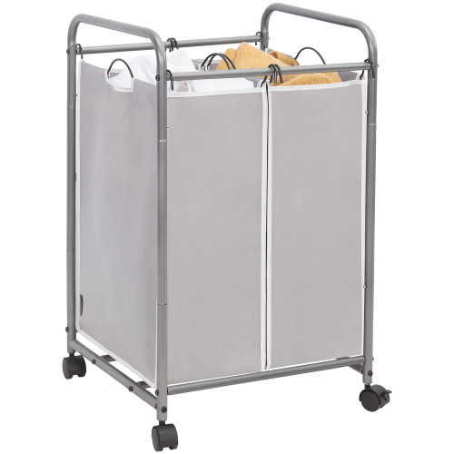 STORAGE MANIAC Laundry Sorter 2 Section, 90 L Gal Laundry Hamper with Wheels, Clothes Basket Separator Sorter, 2 Bag Clothes Cart with Wheels and Removable Bags for Closet, Dorm, Collage, Grey