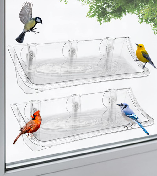 AnBaiMei Clear Window Mounted Bird Feeder Bath with Strong Suction Cups for Outside, Transparent Glass Birdfeeder Birdbath for Cats, Kids, Elderly Viewing, 2 Pack