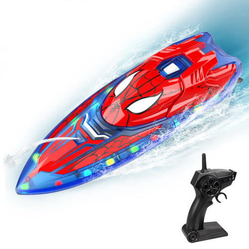 Fullware Spider Hero RC Boat, 2.4GHz Remote Control Boat with LED Lights for Kids, Pool Toy with 2 Rechargeable Batteries, Spray Function, and Low Battery Alarm for Boys & Girls