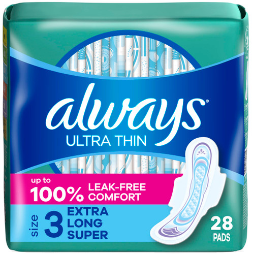 Always Ultra Thin Size 3 Extra Long Super Pads with Wings Unscented, 28 Count