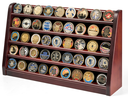 DecoWoodo Challenge Coin Display Case, 5 Row Military Coin Wooden Holder Rack Stand Holds 45 Coins for Desk or Wall Mount, Coin Holders for Collectors (Mahogany Finish)