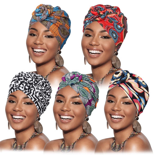 DRESHOW 5 Pack Knotted Headwraps for Women African Turban Pre-Knotted Beanie Headwraps Hair Covers