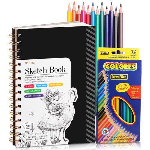 Sketch Book with 12 Color Pencil Set, 90 Sheets Spiral Sketchbook for Drawing (68lb/100gsm), Acid-Free Sketch Pad for Artist, Art Paper Drawing Supplies for Gifts (5.5×8.5 inch)