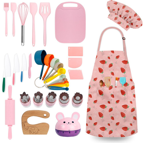 33 Pieces Kids Cooking Sets Real, Kids Chef Role Play Costume Set with Plastic Toddler Safe Knives Kids Cutting Board