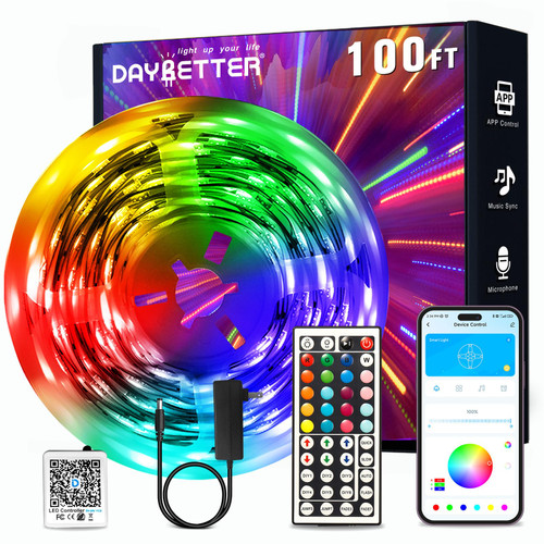 DAYBETTER LED Strip Lights 100ft, Smart Lighting with App Remote Control, RGB LED Lights for Bedroom, Music Sync Color Changing for Room Home Decor Party (1 Roll)
