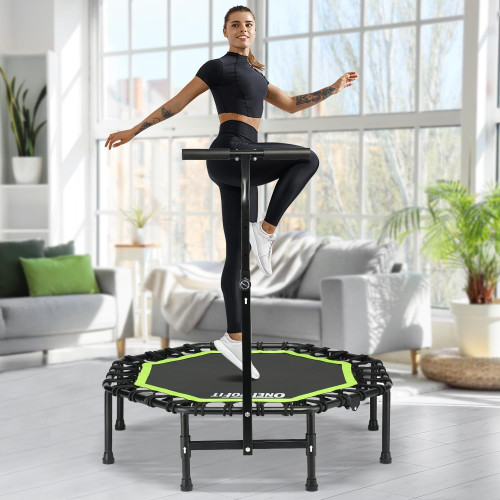 ONETWOFIT Foldable Rebounder Trampoline for Adults, 40/42/45” Mini Fitness Trampoline W/Adjustable Foam Handle Bungees, Quiet Exercise Trampoline for Personal Indoor Workout (42IN-with T Handle)