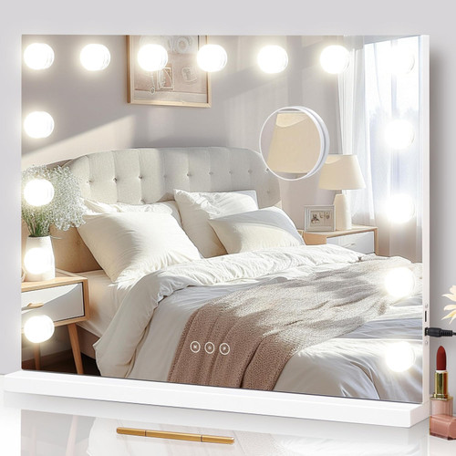 NUSVAN Vanity Mirror with Lights Lighted Makeup Mirror with 15 Dimmable LED Bulbs,3 Color Lighting Modes,USB Charging Port Touch Control,Sturdy Metal Frame Design 24x18 Inch,White