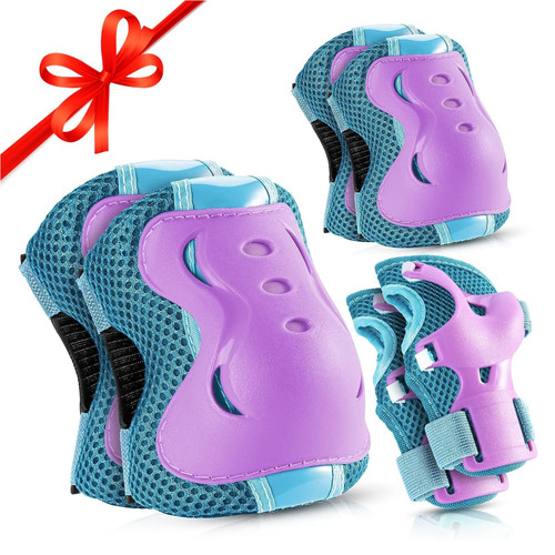 Knee Pads for Kids Roller-Skating - Adjustable Protective Gear Set Knee Elbow Pads Wrist Guards for Bike Cycling Skateboarding Scooter Gifts 3-7 / 8-14 Years Boys Girls (Blue Purple)
