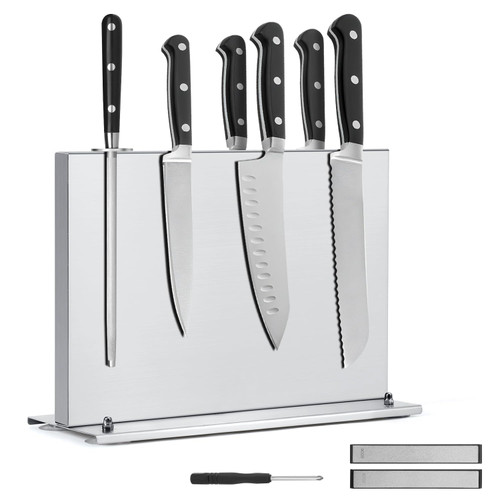 Kirumie Magnetic Knife Holder, Stainless Steel Magnetic Knife Block with Sharpener, Double Sided Strong Magnet Knife Storage for Kitchen Counter, Anti-movement Suction Cup Base