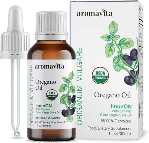 AROMAVITA ImunON Organic Greek Oregano Oil Drops – Extra Strength 86–90% Carvacrol – Liquid Greek Oregano Oil – 200 Servings – Vegan, Non-GMO, Gluten-Free – 1 fl oz (30 mL)