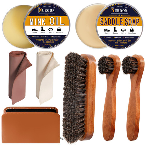 Nuroon 8 Pieces Shoe Polish Kit, 3.5oz Saddle Soap for Leather Cleaning, 3.5oz Mink Oil for Boots Polish, 3 Horsehair Shoe Brushes, Shoe Polish Cloths, Leather Cleaner and Conditioner
