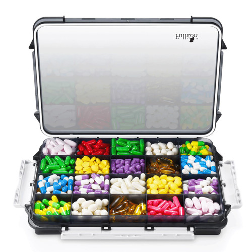 Fullicon Extra Large Pill Organizer with Moisture Proof Design, Travel Jumbo Pill Box with 20 Compartment, Supplement Organizer for Vitamins with 3 Secured Buckles (Black)