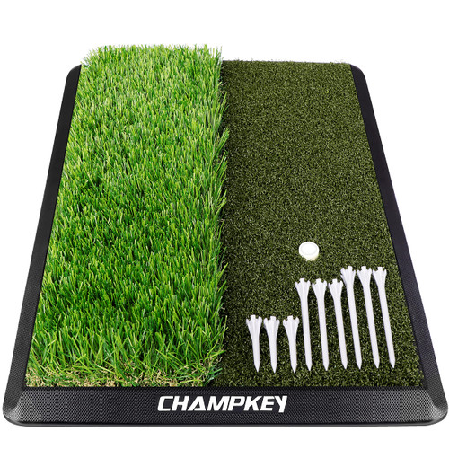 CHAMPKEY Dual-Turf Golf Hitting Mat | Come with 9 Golf Tees & 1 Rubber Tee | Heavy Duty Rubber Backing Golf Practice Mat Ideal for Indoor & Outdoor Training（13"x17", PRO Version）