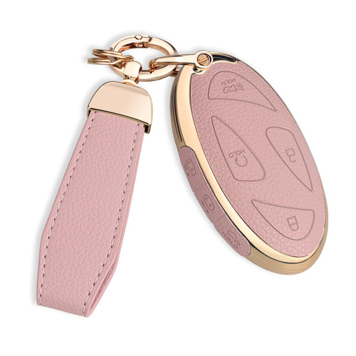 QBUC for Hyundai Key Fob Cover with Key Chain, Upper Leather + Soft TPU Car Key Case for Hyundai Ioniq 6 Grandeur GN7 KONA Elanrtra Santa Fe Tucson (2023-2025) Sonata (Pink, 7 Buttons)