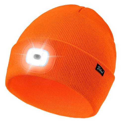 Etsfmoa Unisex Beanie with The Light,Gifts for Men Dad Father, USB Rechargeable LED Warm Knit Headlamp Hat Bright Orange