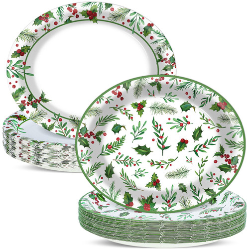Naozinebi 50Pcs Christmas Oval Plates Christmas Seasonal Holly Paper Plates 9.4 * 11.6inch Large Disposable Platter for Merry Christmas Party and Holiday Party Decorations
