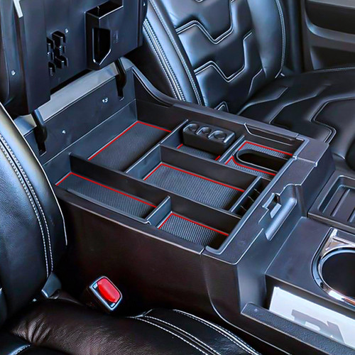 TACOBRO Center Console Organizer Compatible with 2014-2017 2018 2019 2020 2021 Tundra Accessories, Crewmax Interior Armrest Underseat Storage Box- Full-coverage Insert Tray, Red Trim
