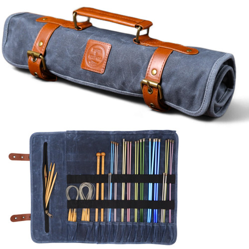 Earth & Fiber Co. Waxed canvas knitting needle case (up to 16 inches) - knitting bag - knitting needle organizer- knitting needle storage - circular knitting needle case (blue)