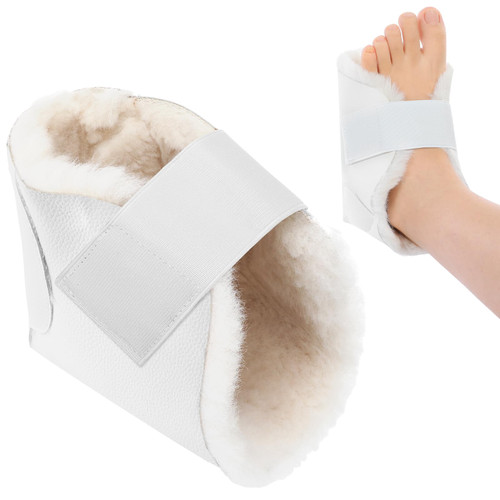 Jeere 1 Pcs Heel Protector for Pressure Sores Boot Sheepskin Heel Pad Soft Foot Cushions Pad Adjustable Foot Pillows with Securing Strap for Protect Feet Ankle Pressure Bed Sores(Creamy White)