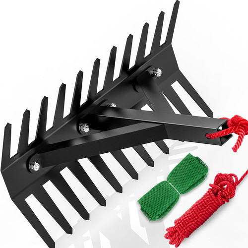 KEMETIK 32" Heavy Duty Pond & Lake Rake, 40 Double-Sided Sharp Steel Blades Lake Weed Cutter, 30ft Thicker Rope&Net, Aquatic Weed Rake for Reed, Cattail Cutting Tool