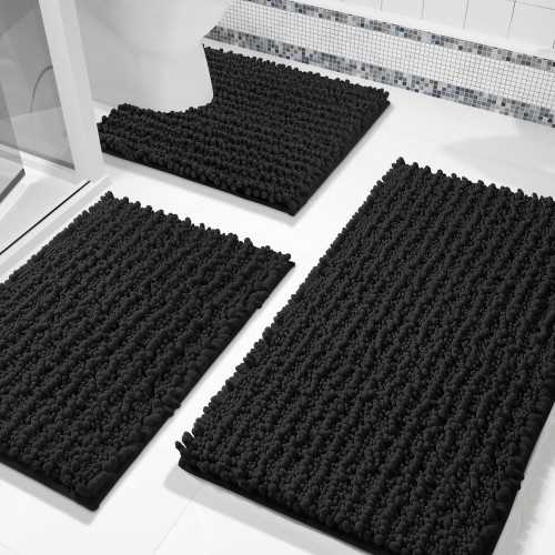 Yimobra Black Bathroom Rug Set 3 Piece - Super Absorbent Quick Dry Chenille Bath Mats & Toilet Rug, Non Slip Machine Washable, Extra Thick Shaggy Floor Mat for Shower Tub Sink