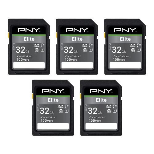PNY 32GB Elite Class 10 U1 V10 SDHC Flash Memory Card - 100MB/s Read, Class 10, U1 Full HD, UHS-I, Full Size SD (Pack of 5) PNY 32GB Elite Class 10 U1 V10 SDHC Flash Memory Card - 100MB/s Read, Class 10, U1 Full HD, UHS-I, Full Size SD (Pack of 5)