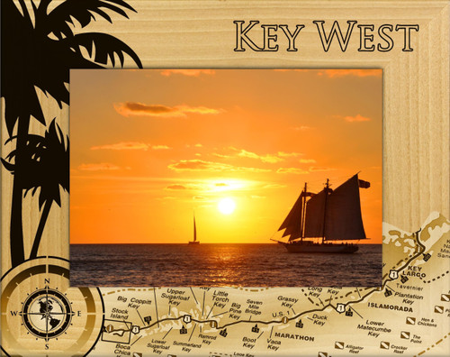 Saddle Mountain Souvenir Key West Florida with Map Laser Engraved Wood Picture Frame Landscape (5 x 7)