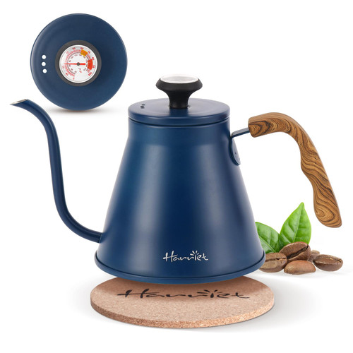 Harriet Gooseneck Kettle with Thermometer for Pour Over Coffee and Tea, 37 fl oz, Stainless Steel, Durable 3-Layer Base, Ideal Spout for Precision Pouring, Compatible with all Stove Tops, Blue
