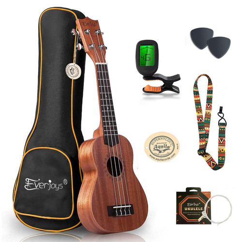 Everjoys Mahogany Soprano Ukulele Starter Kit - Professional 21 inch w/Case Strap Tuner Aquila Strings Pick (Natural Mahogany)