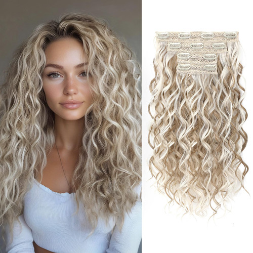 REECHO Curly Hair Extensions, 4PCS 16 inch Clip in Hair Extensions Lace Weft Short Curly Hair Extensions Clip Ins Invisible Natural Hairpieces for Women, Ash Blonde with Highlights