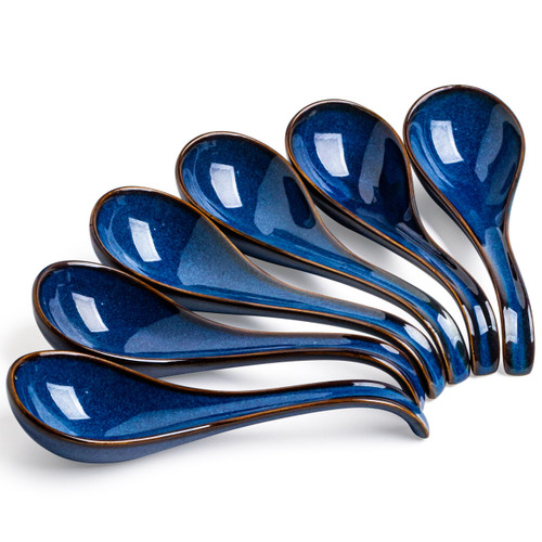 LYEOBOH Soup Spoons set of 6, Chinese Deep Soup Spoon - 6.5 inch Ceramic Korean Tablespoons for Ramen, Rice, Noodle, Asian Spoons with Deep Hook Design, Vintage Blue
