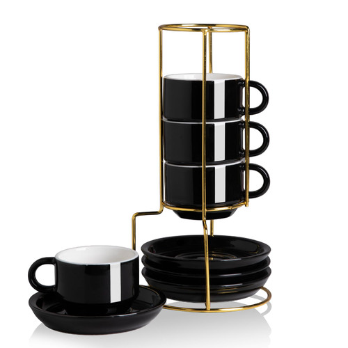 Sweejar Porcelain Espresso Cups with Saucers, 4 Ounce Stackable Cappuccino Cups with Metal Stand for Coffee Drinks, Latte, Tea - Set of 4 (Black Gold Stand)