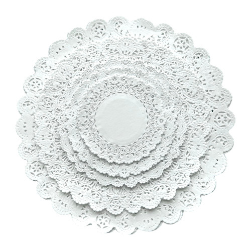 The Baker Celebrations 100 White Paper Lace Doilies – Assorted Round Sizes, Combo Pack of Disposable Table Decor for Cakes, Crafts, Weddings, Birthdays & Party Settings