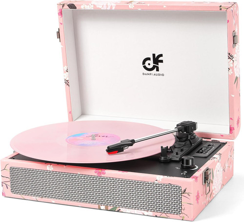 Vinyl Record Player Bluetooth with Built-in Speakers, Vintage Portable Suitcase Turntable 3-Speed with USB Recording Headphone/RCA/AUX Jack for Muisc Record Player Pink Floral