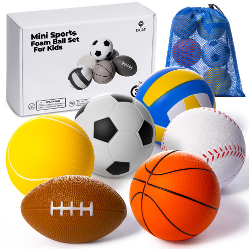 Set Of 6 Mini Sports Foam Balls for Kids, Toddler Ball Toys, Foam Football, Toddler Football, Indoor Baby Soccer, Kids Mini Basketball, Soft Baseball, Volleyball, Small Playground Balls, Baby Ball Toy