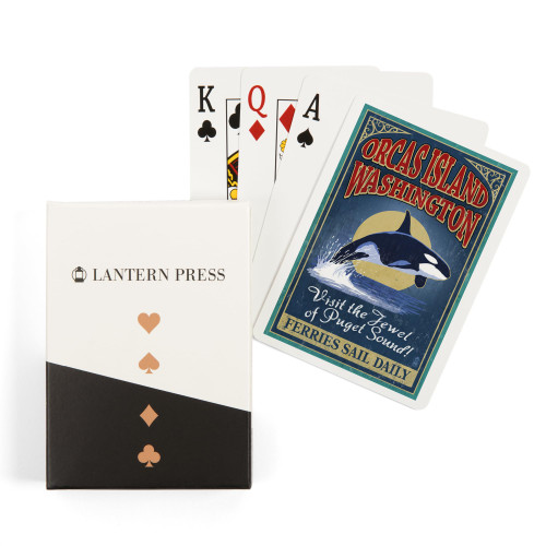 Lantern Press Orcas Island, Washington, Vintage Sign, Orca Whale, 52 Playing Cards for Adults, Poker Size Card Deck with Jokers