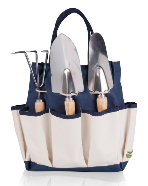 PICNIC TIME Garden Tote with Tool Set, Gardening Tools Organizer Bag, Gardening Essentials and Gifts for Women and Men, Plant Lover Gifts for Gardeners, (Navy Blue with Beige Accents)