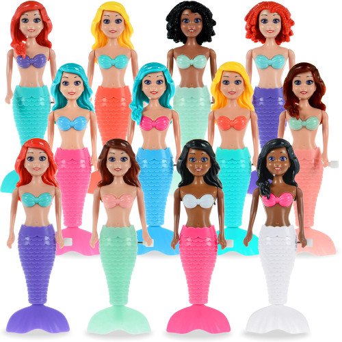 dollbie 12-Pack Wind-Up Mermaid Bath Toys for Kids -Toddler Bath Toys for Kids Moving Tail Priness Doll Diverse Hair Colors & Styles Mermaids, Swimming Pool Party Favors