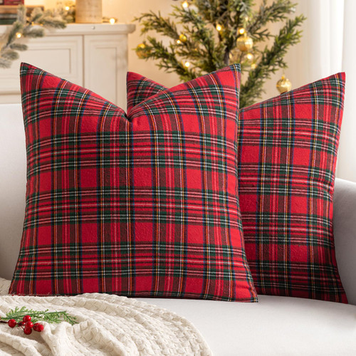 MIULEE Christmas Set of 2 Scottish Tartan Plaid Euro Sham Throw Pillow Covers Farmhouse Classic Decorative Outdoor Square Cases for Home Decor Sofa Couch 24x24, Red