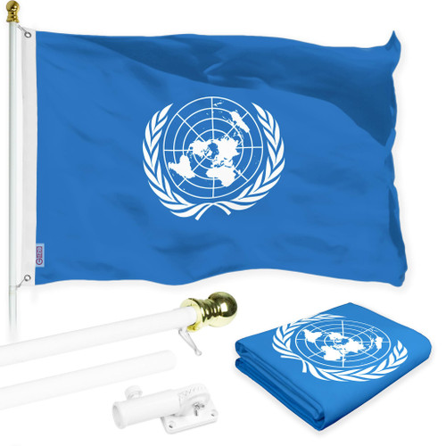 G128 Combo Pack: 6 Ft Aluminum Spinning Flagpole (White) & United Nations Flag 3x5 Ft, LiteWeave Pro Series Printed 150D Polyester | Pole with Flag Included