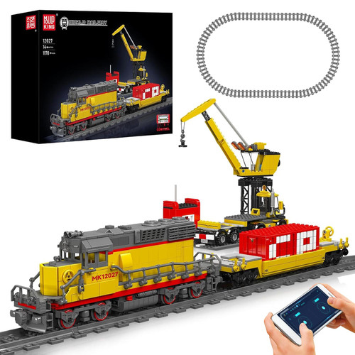 Mould King 12027 Diesel Locomotive Train Building Sets with a Semi-Trailers, Cranes, Remote/App Control Engineering Toy Kit, Scale Model with Trains Tracks for Adults(1170 Pieces)